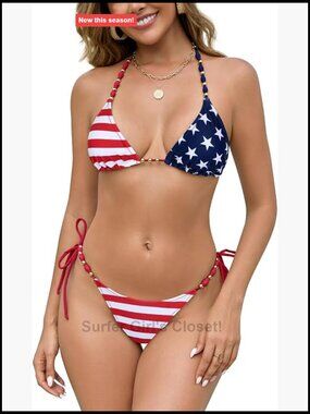 Stars & Stripes Triangle Tie Bikini Top and Bottom - Red, White & Blue